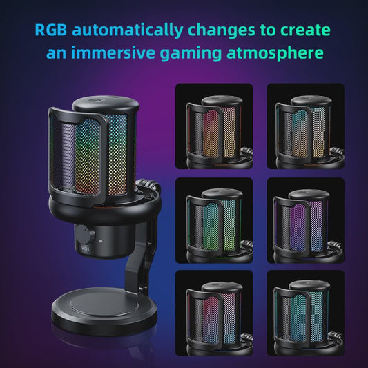 RGB Gaming Microfoon voor PC met Geluidsdemping, Koptelefoonuitgang & Touch-Mute