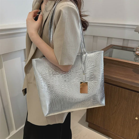 Luxe Dames Handtas Schoudertas Croco Print PU Leer Groot Formaat – Verkrijgbaar in Zilver, Goud, Zwart