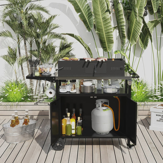 Outdoor Keuken Eiland Grill Cart met Opbergruimte en Inklapbaar RVS Werkblad - Zwart