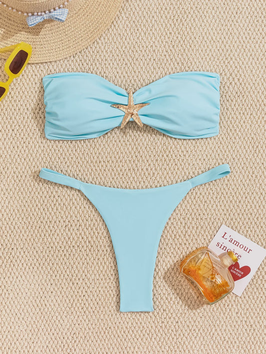 Bandeau Bikini Set met Sterrenornament - Sky Blue Push-Up Thong Badpak