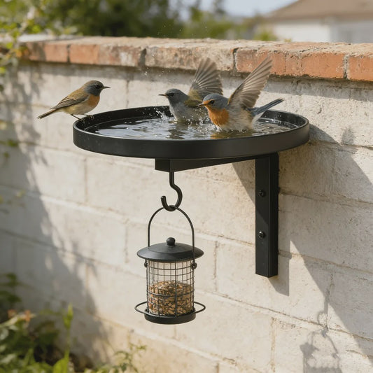 3-in-1 Vogelvoederhuisje, Vogelbad en Plantenhaak - Metalen Wandmontage