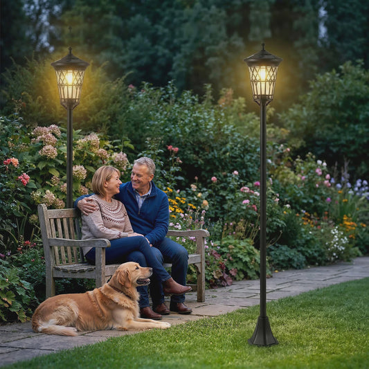 Set van 2 Zwarte Solar Tuinpaal Lampen - Verstelbare Hoogte & Roestvrij Staal