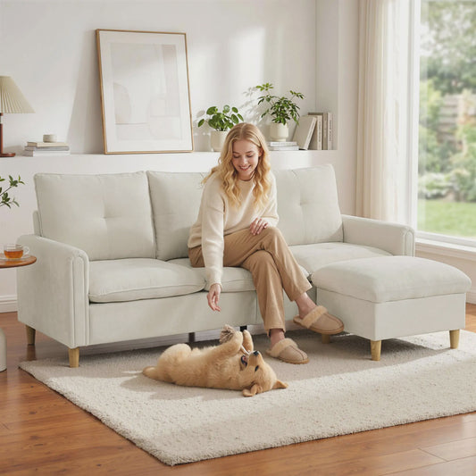 HOMCOM 3-zits bank met opbergpouf - Verstelbare hoek, brede zitting, linnenlook stof, crème