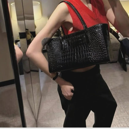 Luxe Vintage Croco Print Tote Bag - Ruime PU Lederen Schoudertas voor Dames