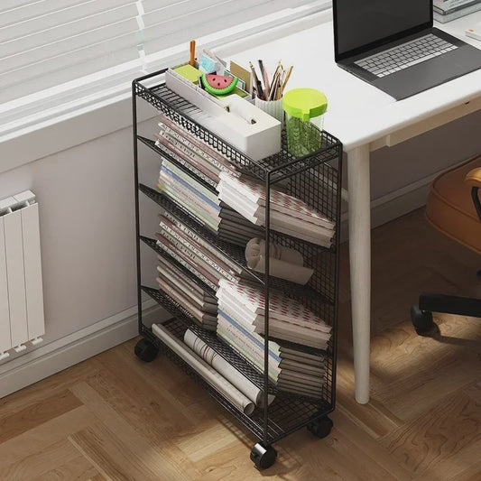 Mobiele Boekenkast op Wielen - Metalen Opbergrek voor Kantoor, Bureau en Kinderkamer
