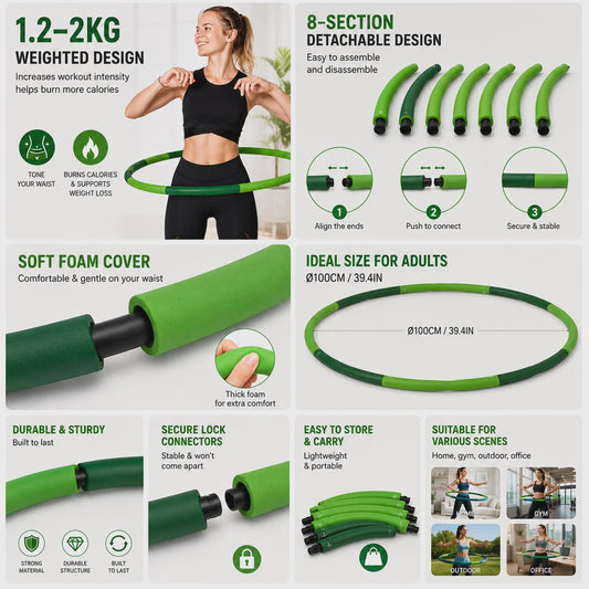 Verstelbare Fitness Hula Hoop voor Volwassenen - 1.2-2KG, 8-Delig, Ø100cm