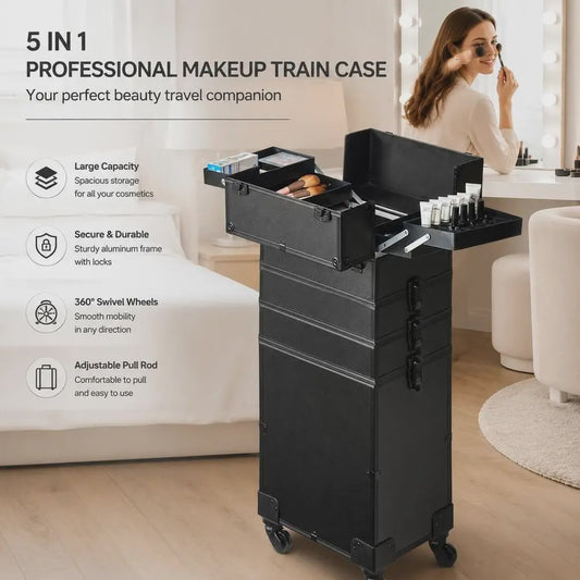 Professionele Make-up Koffer met Aluminium Frame - 5-in-1 Organisatie & 360° Wielen