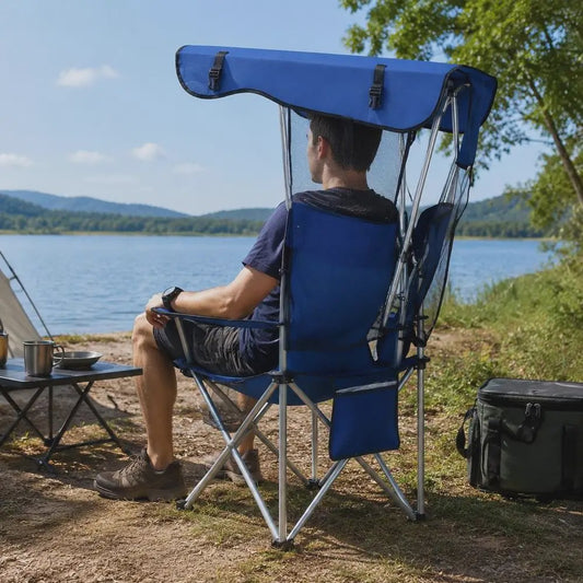 Comfortabele Campingstoel met Zonnedak, Bekerhouders en Opbergvak - Blauw