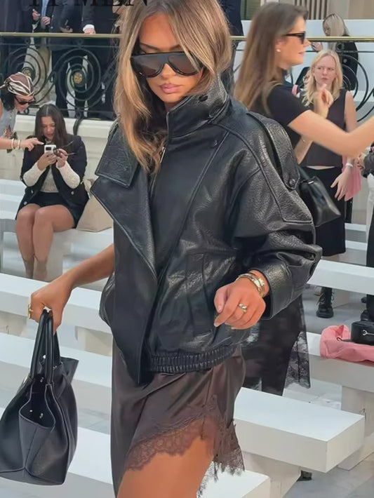 Dames Zwarte Oversized Faux Leren Jas - Chic Streetwear Stijl