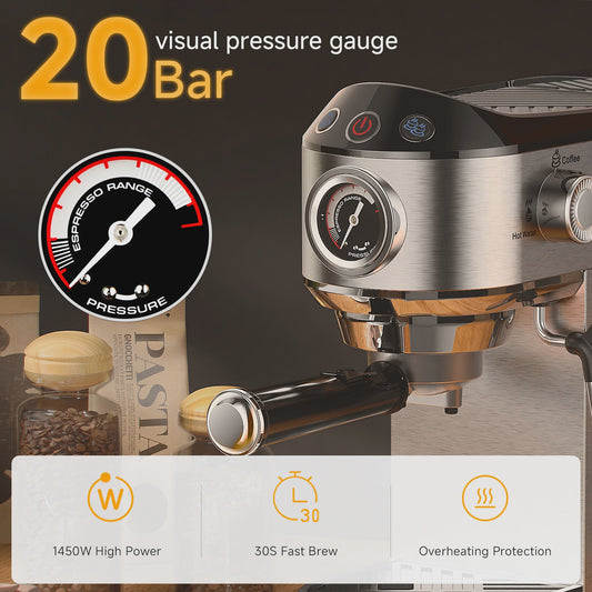 BioloMix Espressomachine 20 Bar RVS met Stoompijpje - Semi-Automatisch