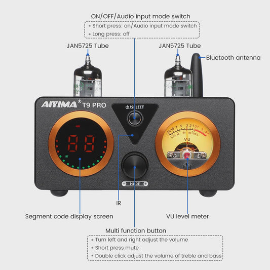 AIYIMA T9 PRO HiFi Bluetooth 5.2 Tube Versterker met VU Meter - 100W x 2 Stereo Audio Amp met USB DAC, COAX & OPT