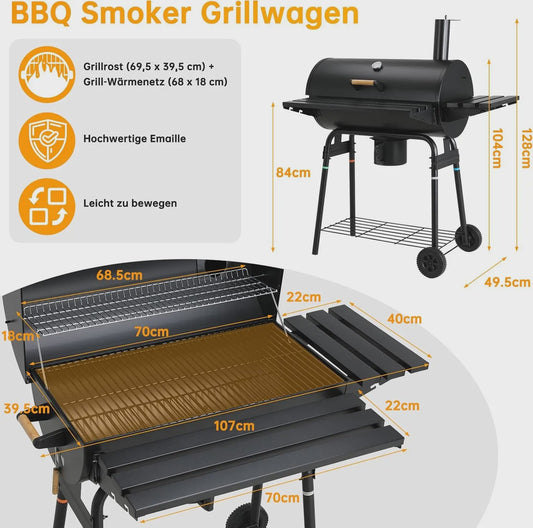 Charcoal BBQ Grillwagen met Deksel, Thermometer en Zijtafel - Perfect voor Tuinfeesten