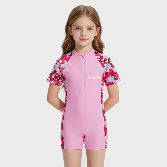Schattig Roze Kinder Zwempak met Korte Mouwen - 1-delig Strand & Zwembad Outfit