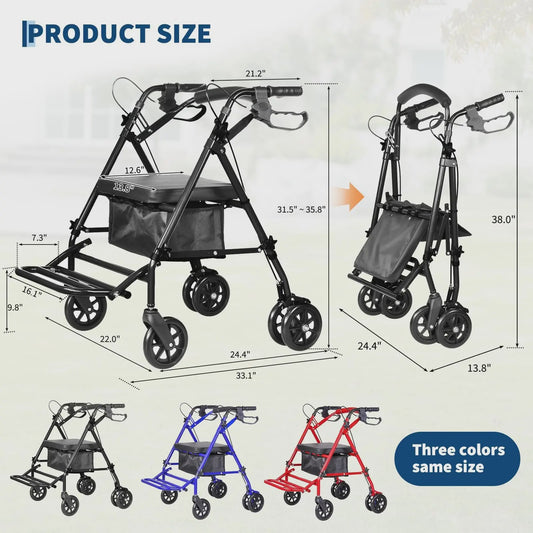 2-in-1 Rollator Walker met Zitje & Voetensteun - Lichtgewicht Rolstoel voor Senioren