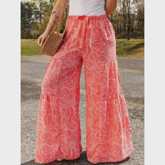 Zomerse Plus Size Wijde Pijp Broek met Bloemenprint en Elastische Tailleband