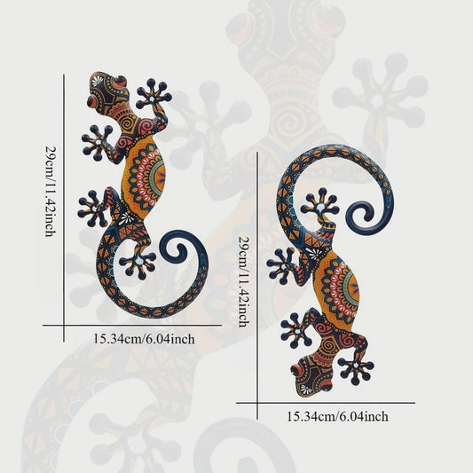 Set van 2 Metalen Gekko Wanddecoratie - Levendige Tribal Patronen voor Binnen & Buiten