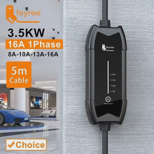 Feyree Draagbare EV Charger 3.5kW Type 2, 16A, 5m Kabel - Instelbare Stroomsterkte