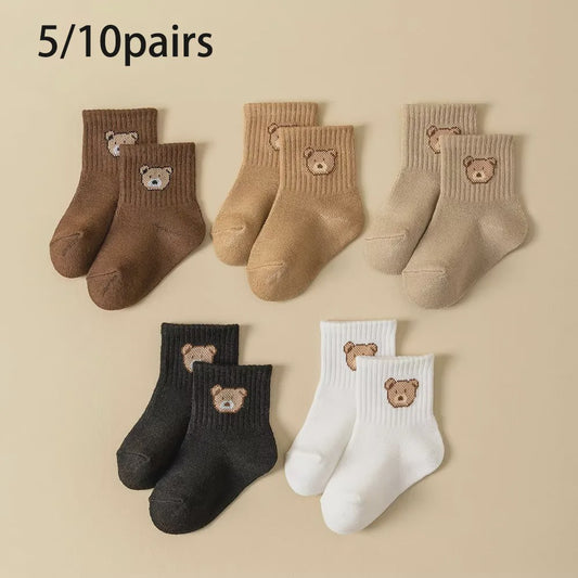 5/10 Paar Babysokjes met Schattige Beer - Zacht, Ademend & Comfortabel