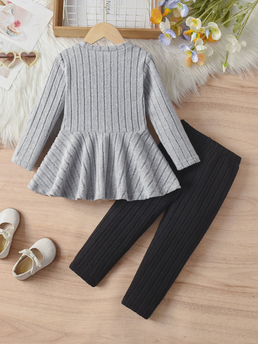 Schattig Kinder Meisjes Set: Lange Mouw Top met Strik en Broek