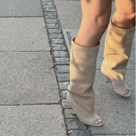 Zomer Peep Toe Laarzen met Hoge Blokhak - Elegante Lange Laarzen voor Dames
