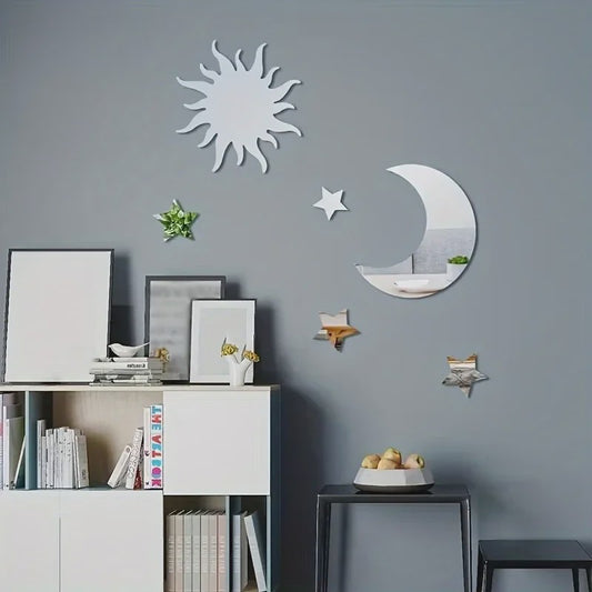 Set van 6 Spiegel Wandstickers: Zon, Maan & Sterren - Decoratieve Acryl Muurstickers