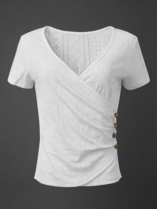 Dameswikkel T-shirt met korte mouwen en knoopdetails