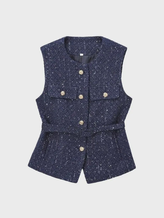 Chic Dames Gilet van Tweed met Riem - Mouwloos & Stijlvol Bovenstuk