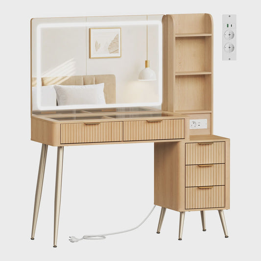 WOLTU Kaptafel met Groot LED Spiegel, Verstelbare Verlichting, Make-up Tafel met Lades en Stopcontact