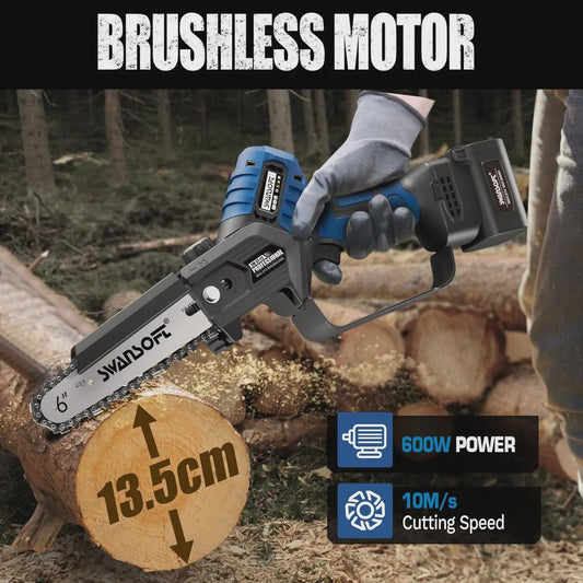 SWANSOFT 6-inch Elektrische Mini Kettingzaag - Krachtige 600W Brushless Motor