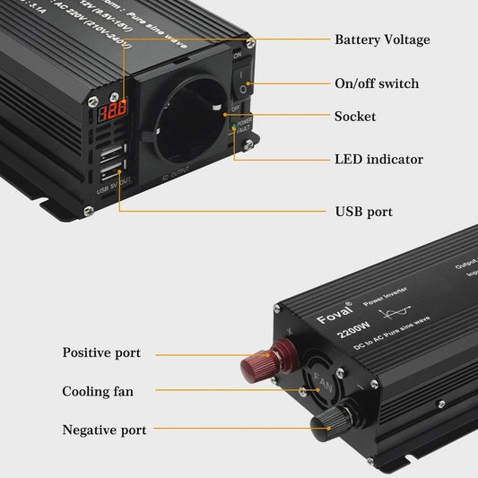Pure Sine Wave Omvormer 12V DC naar 230V AC - 1500W tot 3000W met EU Stopcontact & USB