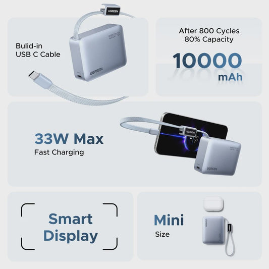 UGREEN Mini Powerbank 10000mAh met Ingebouwde USB-C Kabel - 33W PD Snelladen
