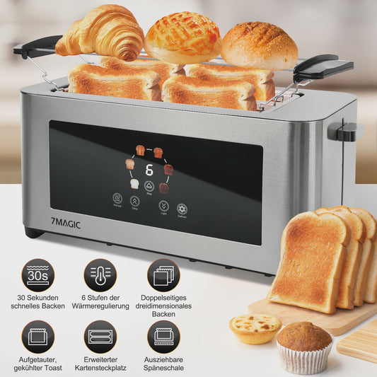 RVS Broodrooster met LCD Touch Display, 1400W, 4 Sneetjes en Broodjeshouder