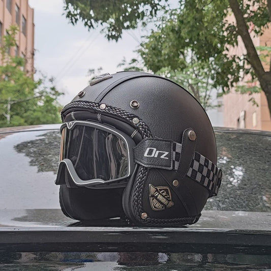 Retro Open 3/4 Motorhelm PU Leer - Stijlvol & Veilig met DOT Keurmerk