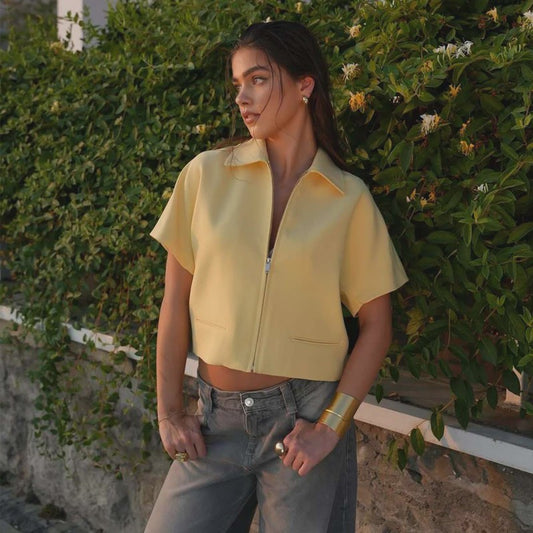 Dames Cropped Jack met Korte Mouwen - Zomerse Varsity Stijl met Rits