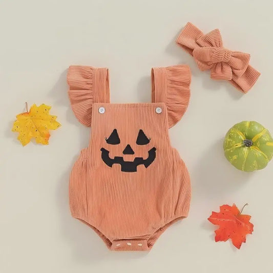 Schattige Halloween Baby Romper met Pompoenprint & Mutsje - 1-12 Maanden