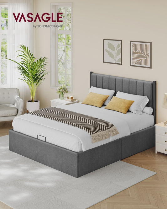 VASAGLE Bedframe 160x200 cm met Opbergruimte, Grijze Hoofdbord en Opklapbaar Lattenbodem