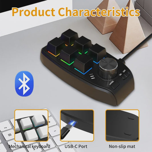 Compact 6-Key Macro Mini Toetsenbord met Draaiknop - USB & Bluetooth, Hot-swap, Programmeerbaar