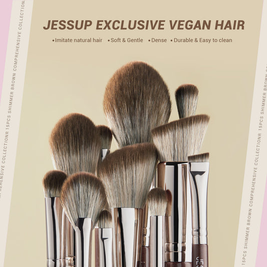 Jessup 15-delige Vegan Make-up Kwasten Set - Bruin - Foundation, Concealer, Poeder, Oogschaduw