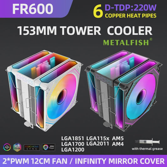 Metalfish FR600 CPU Air Cooler: 6 Heatpipes, ARGB PWM 12cm Fan, 153mm Hoogte