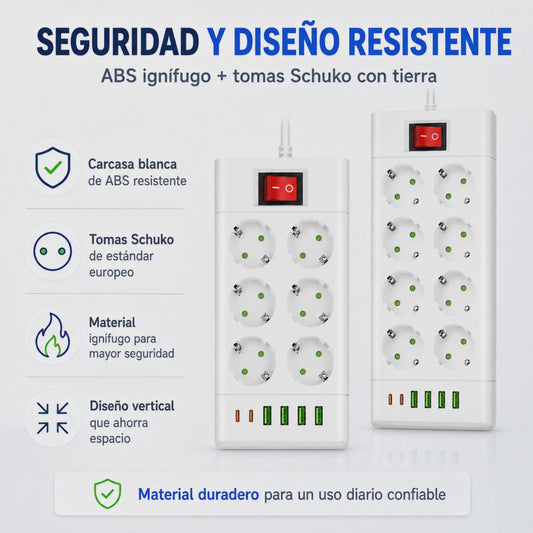 Universele Stekkerdoos met 6 of 8 Schuko Stopcontacten en 6 USB Poorten (2x USB-C, 4x USB-A), 2m Kabel, Wit