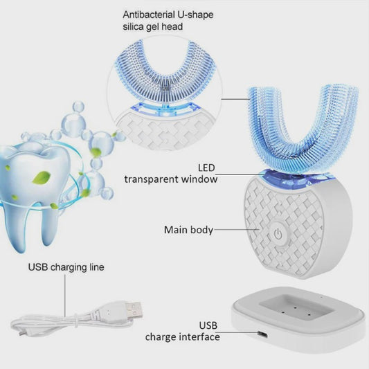 360° Draagbare Elektrische Tandenborstel - Siliconen U-Vorm Opzetstuk - Waterdicht & USB Oplaadbaar