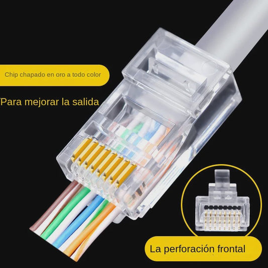 100x RJ45 Connectoren CAT6/CAT5e - Doorvoer Crystal Plug, Goudkleurig, 8P8C Ethernet Modular Plug