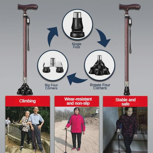 Verstelbare Aluminium Wandelstok met LED-lamp en Anti-slip Vierpoot