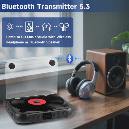 Draagbare CD Speler met Bluetooth 5.3, Oplaadbaar, Ingebouwde HiFi Speakers & USB
