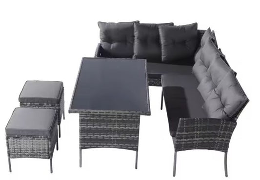 7-persoons Polyrotan Tuinset – Met Kussens & Glazen Tafelblad, Modern en Duurzaam