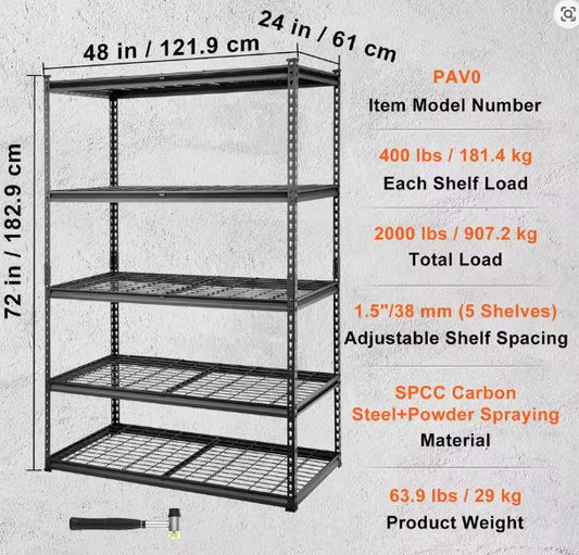 5-Laags Zwaar Draagvermogen Opslagrek – Verstelbaar Draadrek van Staal, 2000 lbs Totaal
