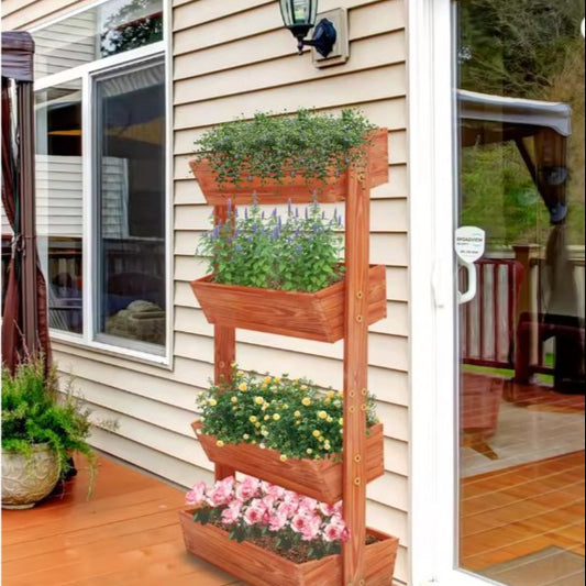 4-Laags Verhoogd Tuinbed – Verticaal Houten Bloempottenrek met Afneembare Ladder & Verstelbare Planken