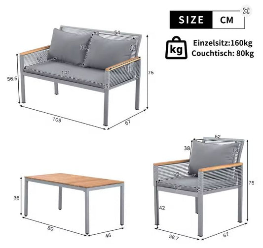 Lounge Set Balkonmeubilair – Tuinmeubelen Zitgroep met Comfortabele Kussens, Dubbele Fauteuils en Tafel, Set van 4