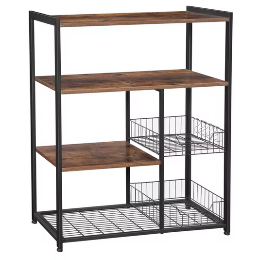 Industrieel Keukenrek – 4 Verdiepingen, 2 Manden en 6 Haken – 80x35x95cm