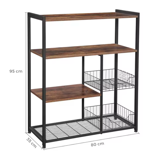 Industrieel Keukenrek – 4 Verdiepingen, 2 Manden en 6 Haken – 80x35x95cm